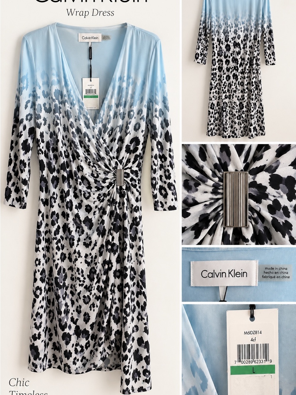 Calvin Klein Light Blue to White Ombre Animal Print Wrap Dress